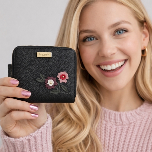 Kate Spade Laurel Way Darci Floral Appliqué Zip Wallet Black Pebbled Leather - Picture 12 of 16